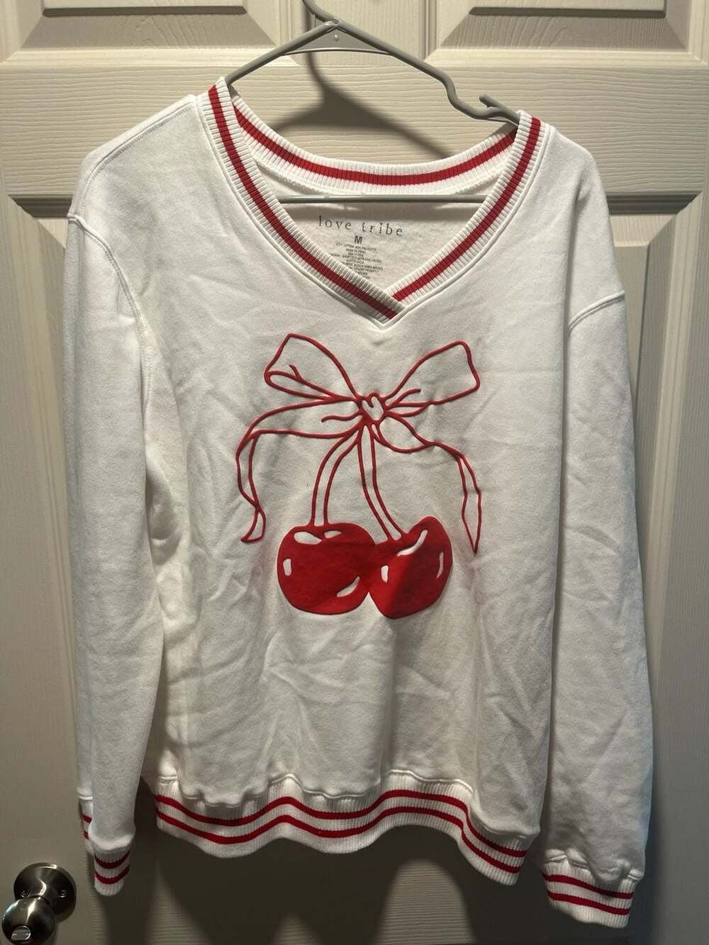 Love Tribe Cherry Bow V-Neck Striped Trim Sweatshirt